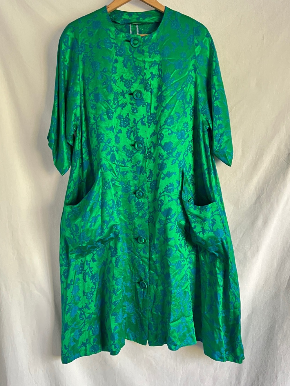 Vintage Silk Jacquard Coat Dress Green Blue Oversized Sculptural Pockets
